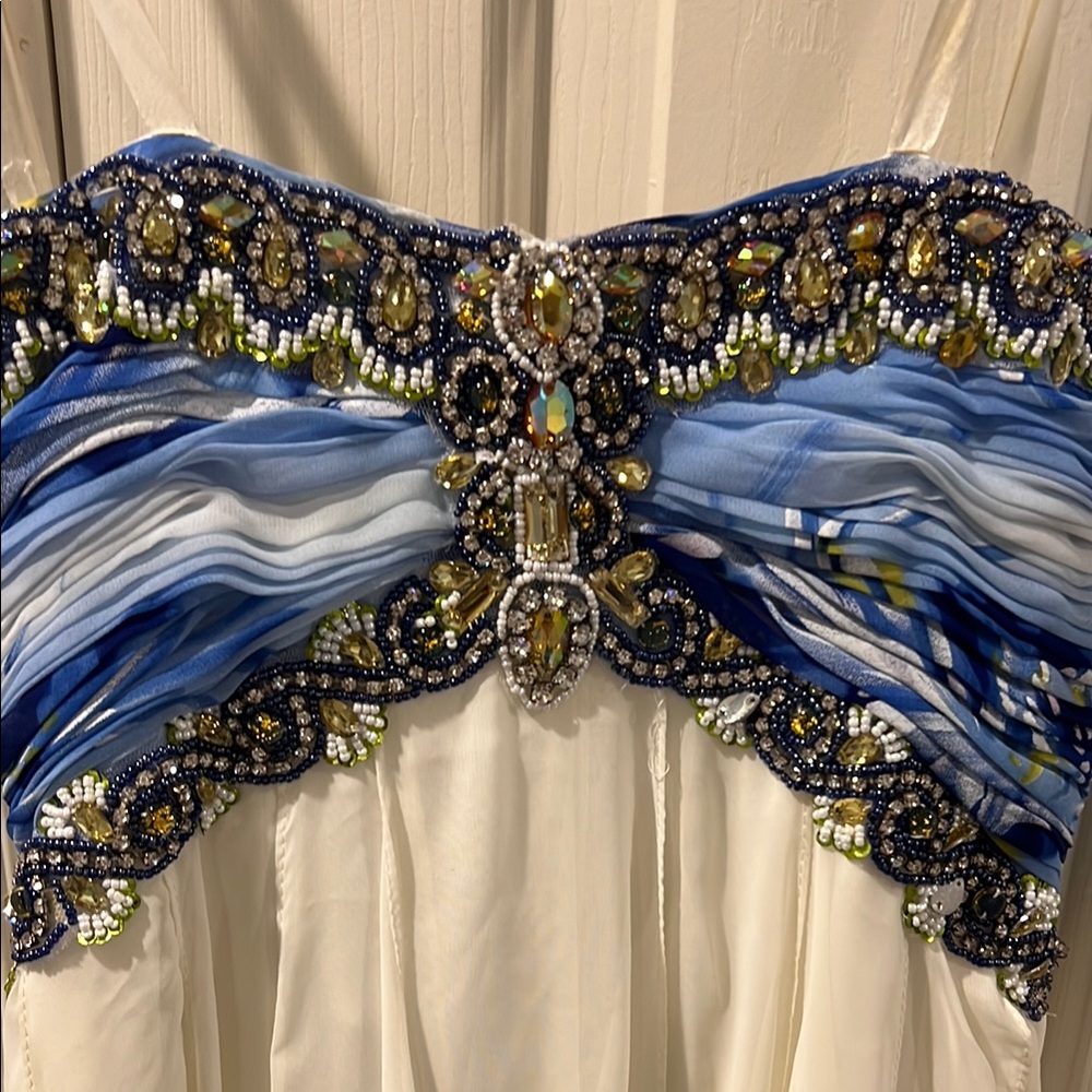 Terrani Couture - Couture Blue and White Strapless Evening Gown - Size 6 - Picture 8 of 9